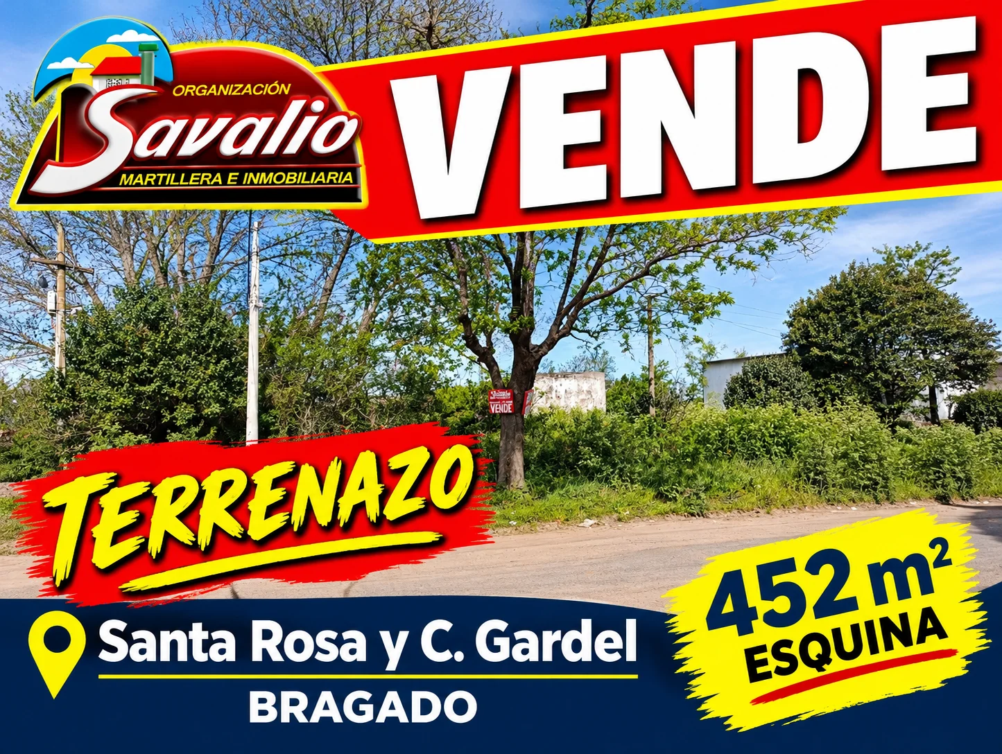 TERRENAZO EN VENTA - ESQUINA - BRAGADO CALLES SANTA ROSA Y CARLOS GARDEL - 452 M2 U$S. 23.000.-