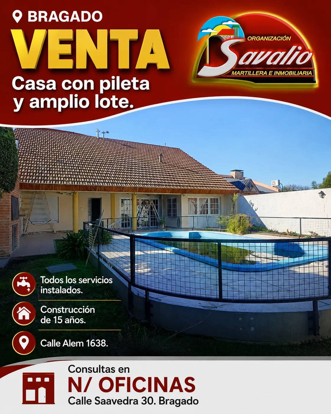 BRAGADO - VENTA - ALEM N°1638 - CONSTRUCCION DE 15 AÑOS . CASA - 2 DORMITORIOS, GRAN LIVING COMEDOR, COCINA, BAÑO, COCHERA, GALERIA, PILETA PARRILLA. T/L/ SERVICIOS. CALEFACCION. LISTA P/ HABITAR. CONSULTAS Y VALORES PERSONALMENTE EN SAAVEDRA 30- BRAGADO