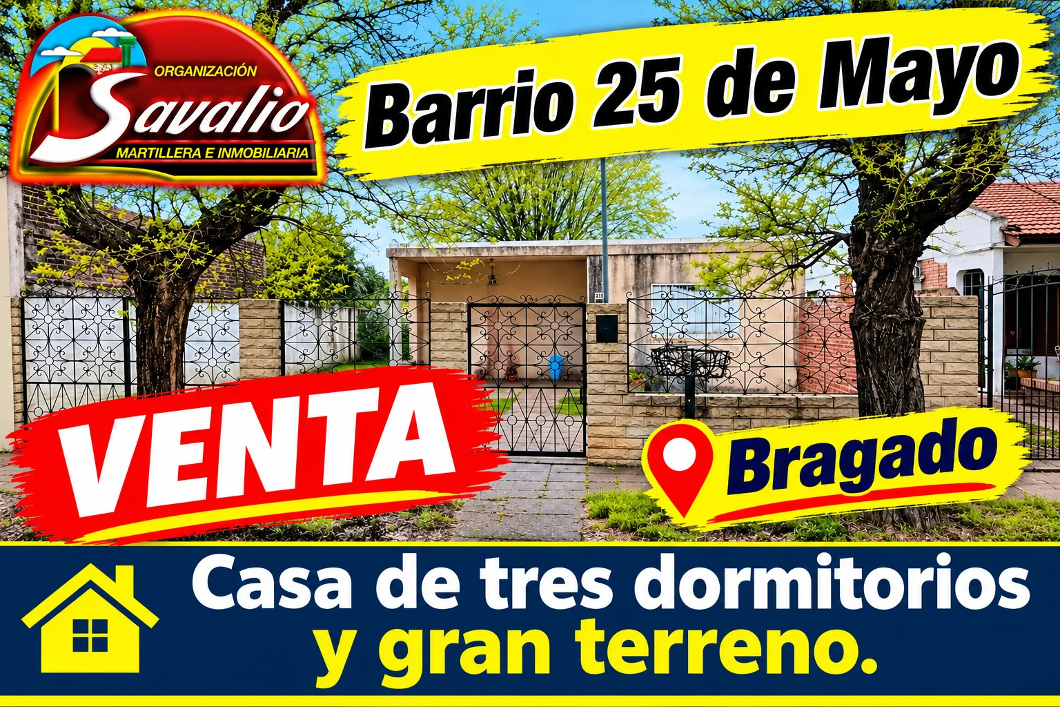 BRAGADO0 - VENTA - BARRIO 25 DE MAYO - ZAPIOLA 930 - CASA DE 3 DORMITORIOS Y DEP. TODOS LOS SERVICIOS. GRAN TERRENO . CONSULTAS PERSONALMENTE EN SAAVEDRA 30.