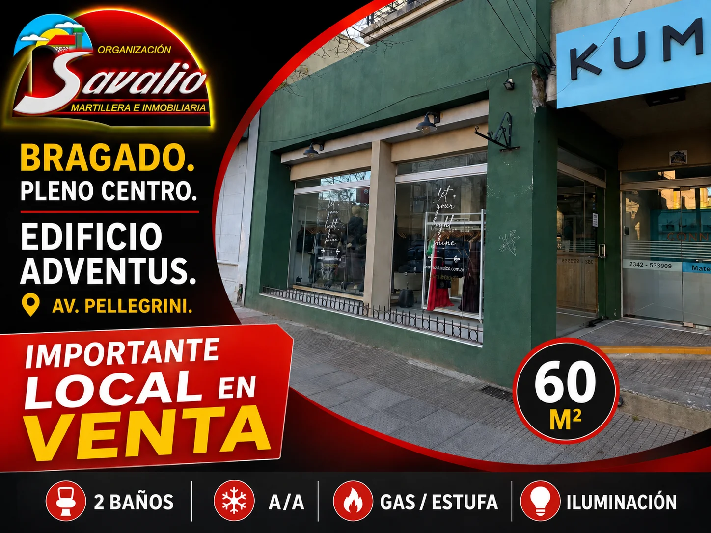 BRAGADO - VENTA - LOCAL COMERCIAL SOBRE AV. PELLEGRINI. EDIFICIO ADVENTUS I- 60 M2 . T/L/SERVICIOS. 2 BAÑOS, ESTUFA, A/A. CONSTRUCCION AÑO 2015. U$S. 70.000.-