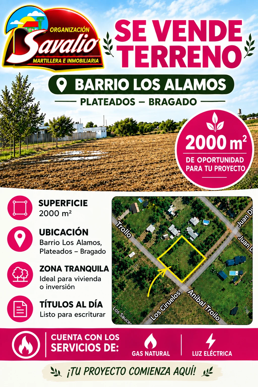 BRAGADO - VENTA - BARRIO ALAMO PLATEADO - TERRENO DE 40 X 50 CON GAS NATUTAL Y LUZ . CONSULTAS EN SAAVEDRA 30