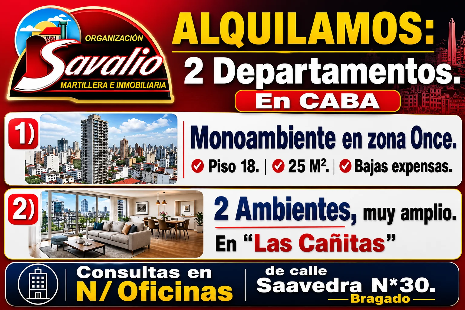 ALQUILAMOS 2 DEPARTAMENTOS EN CABA - ZONAS ONCE Y LAS CAÑITAS