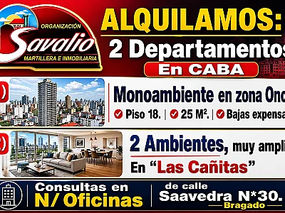 ALQUILAMOS 2 DEPARTAMENTOS EN CABA - ZONAS ONCE Y LAS CAÑITAS